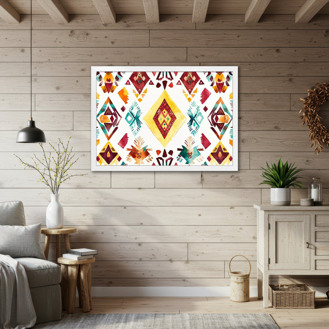 Framed Poster featuring a vibrant watercolor tribal design in warm tones. Perfect wall art for a stylish home.