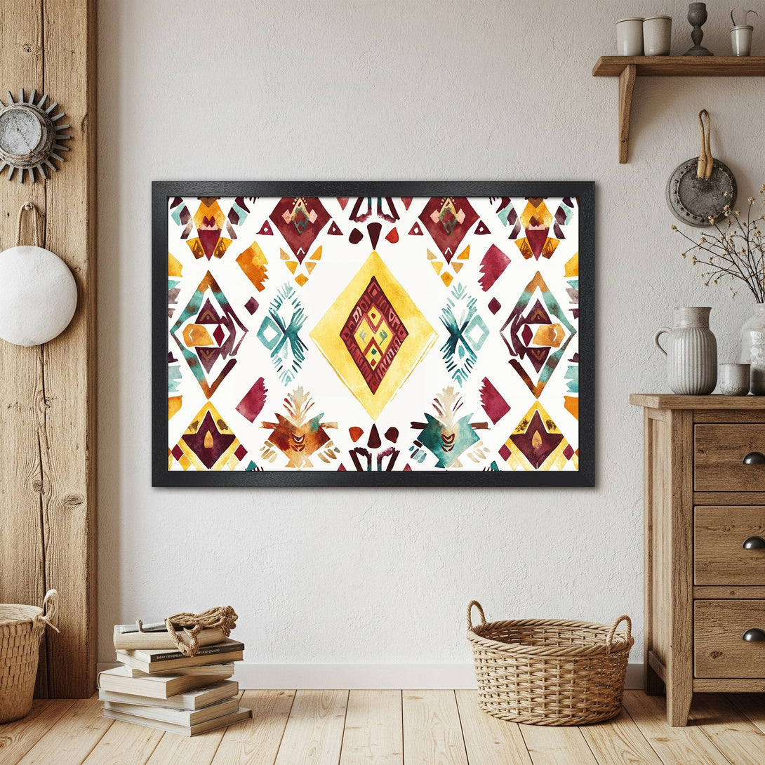 Framed Poster featuring a vibrant watercolor tribal pattern in warm reds, yellows, and teal. Perfect wall art for a boho chic home.