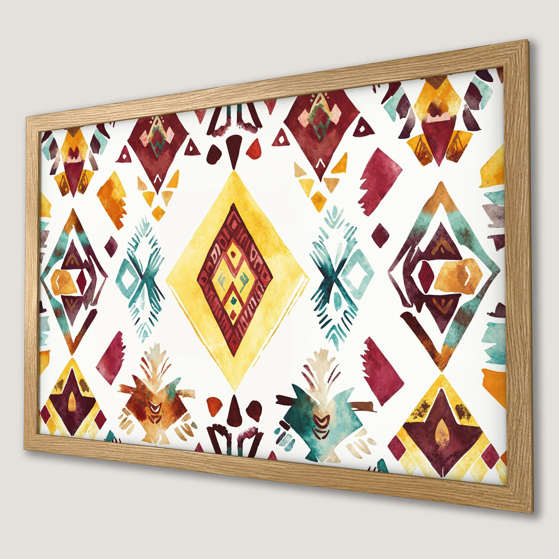 Framed Poster featuring a watercolor geometric pattern in warm tones of yellow, red, and turquoise, perfect for adding a touch of boho style.