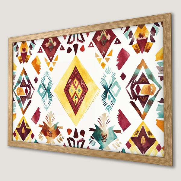 Framed Poster featuring a watercolor geometric pattern in warm tones of yellow, red, and turquoise, perfect for adding a touch of boho style.