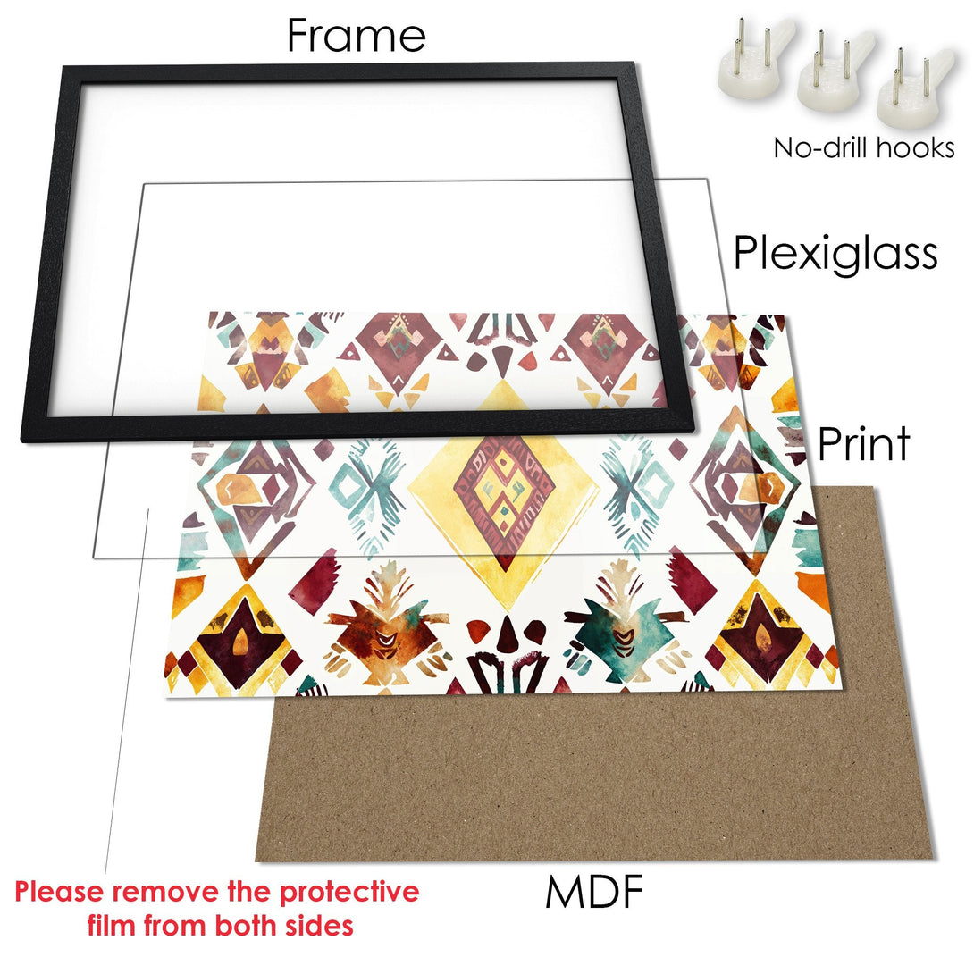 Framed Poster with watercolor tribal design in warm earth tones. Add a touch of bohemian style to your space!
