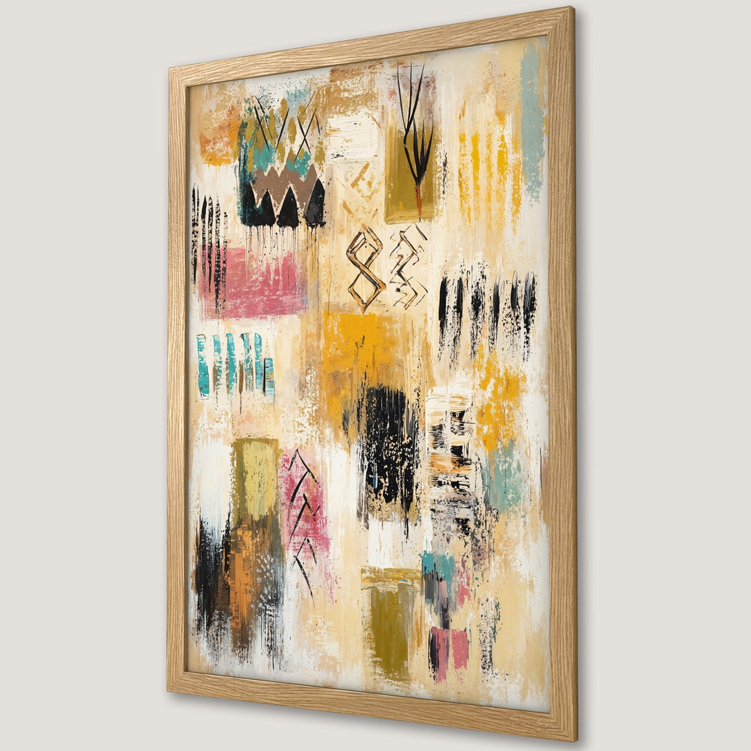 Framed Poster featuring abstract art with a warm color palette of yellows, pinks, and blacks. Modern art print for home decor.