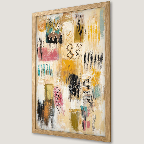 Framed Poster featuring abstract art with a warm color palette of yellows, pinks, and blacks. Modern art print for home decor.