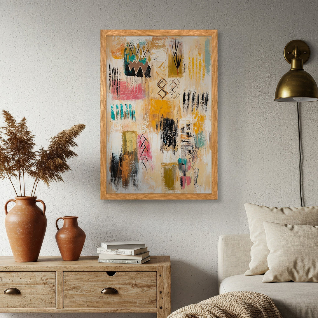 Framed Poster featuring abstract art in a warm, inviting palette of yellows, pinks, and blues. Perfect for adding a touch of modern style.