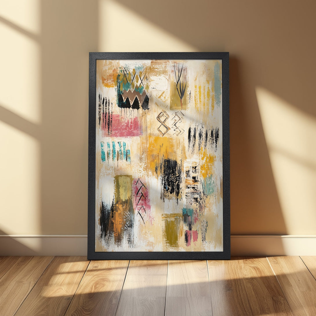 Framed Poster featuring abstract art with warm yellow, black, and teal tones. Modern art print for home decor.