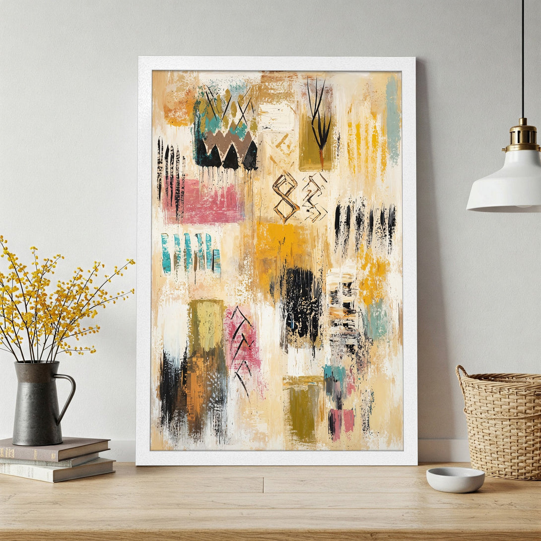 Framed Poster featuring abstract art in warm tones. Modern style with a palette of beige, yellow, black, and teal. Perfect wall decor!