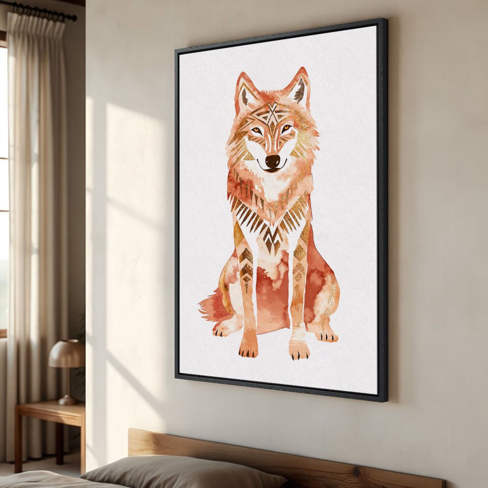 Framed Wall Art: Watercolor wolf print in warm orange and gold tones. Boho style canvas art for living room or bedroom decor.