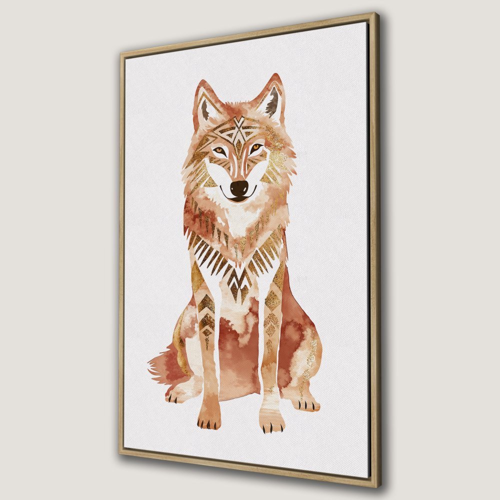 Framed Wall Art: Watercolor wolf print with tribal design in warm brown and gold tones. Perfect for modern boho decor.