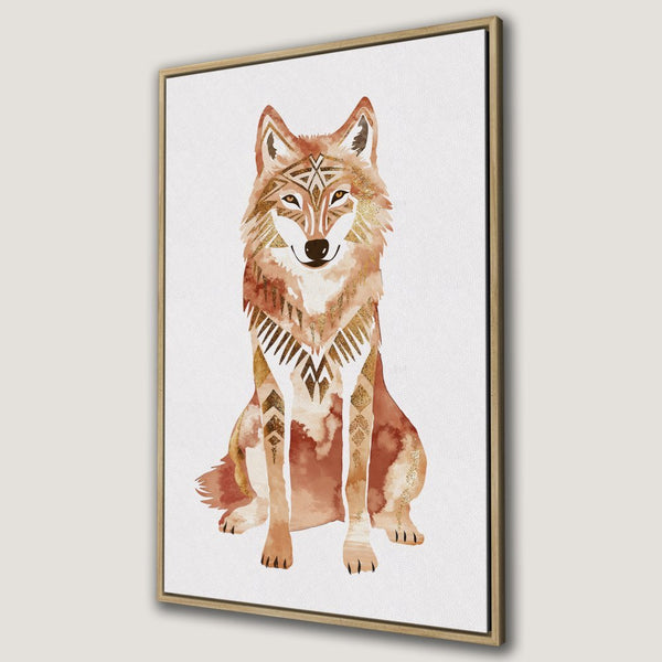 Framed Wall Art: Watercolor wolf print with tribal design in warm brown and gold tones. Perfect for modern boho decor.