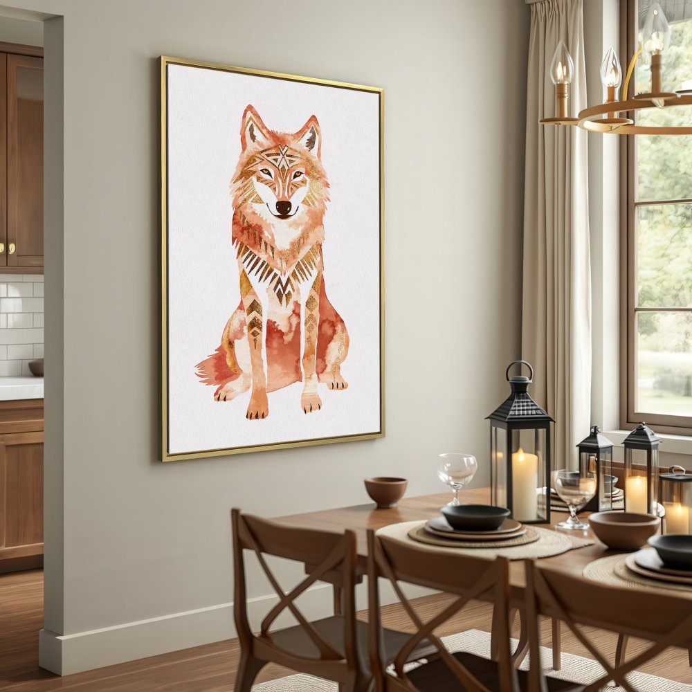 Canvas Print featuring a watercolor wolf in earthy tones. Boho style wall art perfect for any home decor.