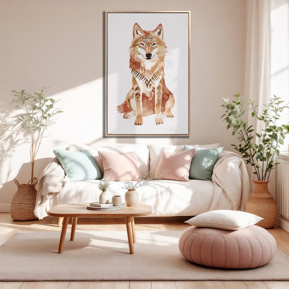 Framed Wall Art: Watercolor wolf print in warm earth tones. Boho style canvas art perfect for living room decor.