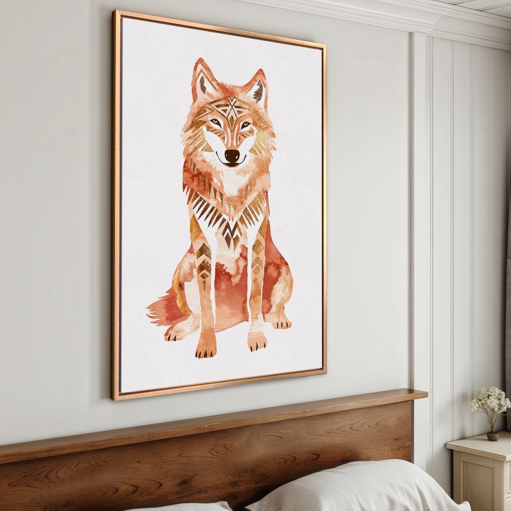 Framed Wall Art: Watercolor wolf print in warm orange tones. Boho-chic style Canvas Print for your home decor.