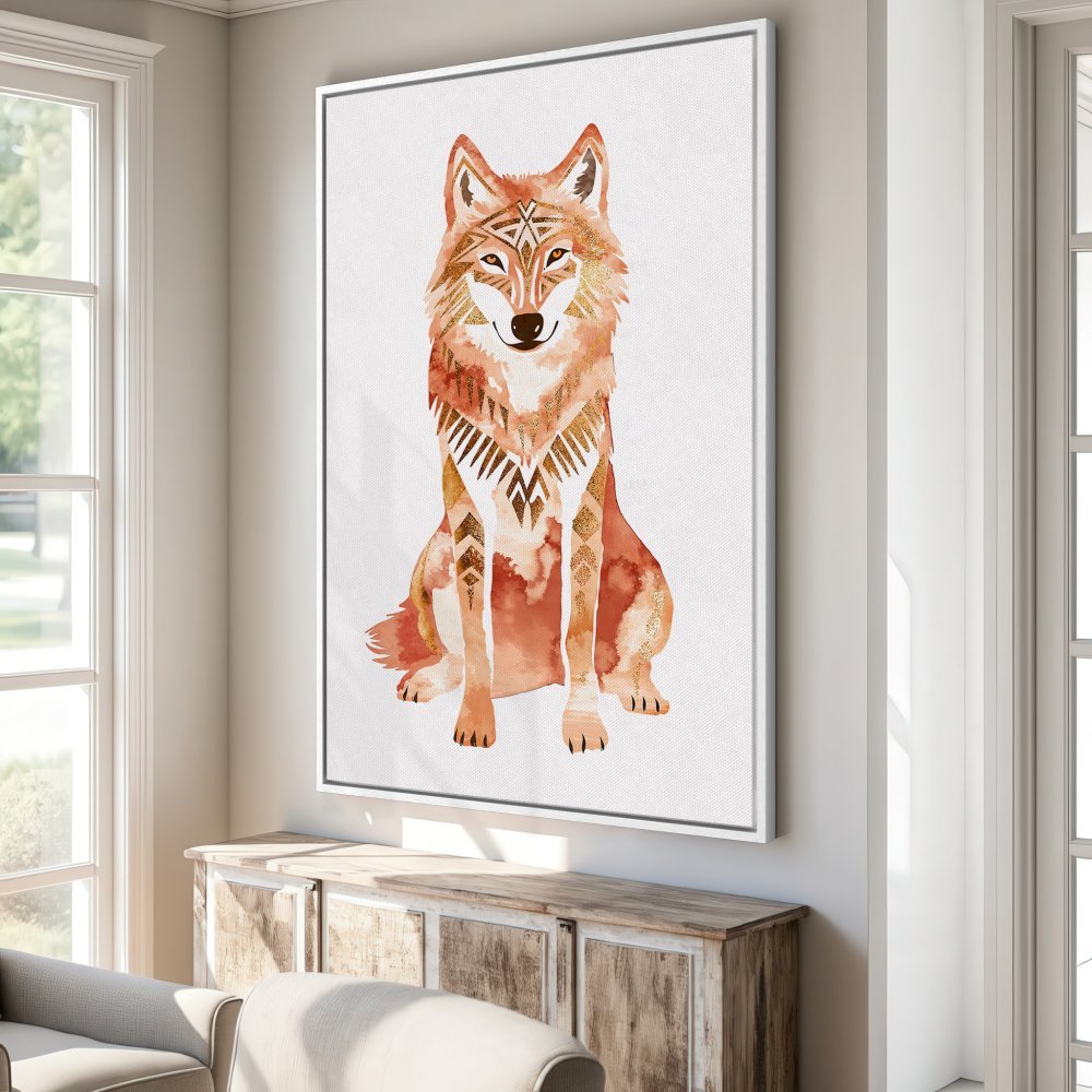 Framed Wall Art: Watercolor wolf print in warm orange and gold tones. Stylish animal art for your home decor.