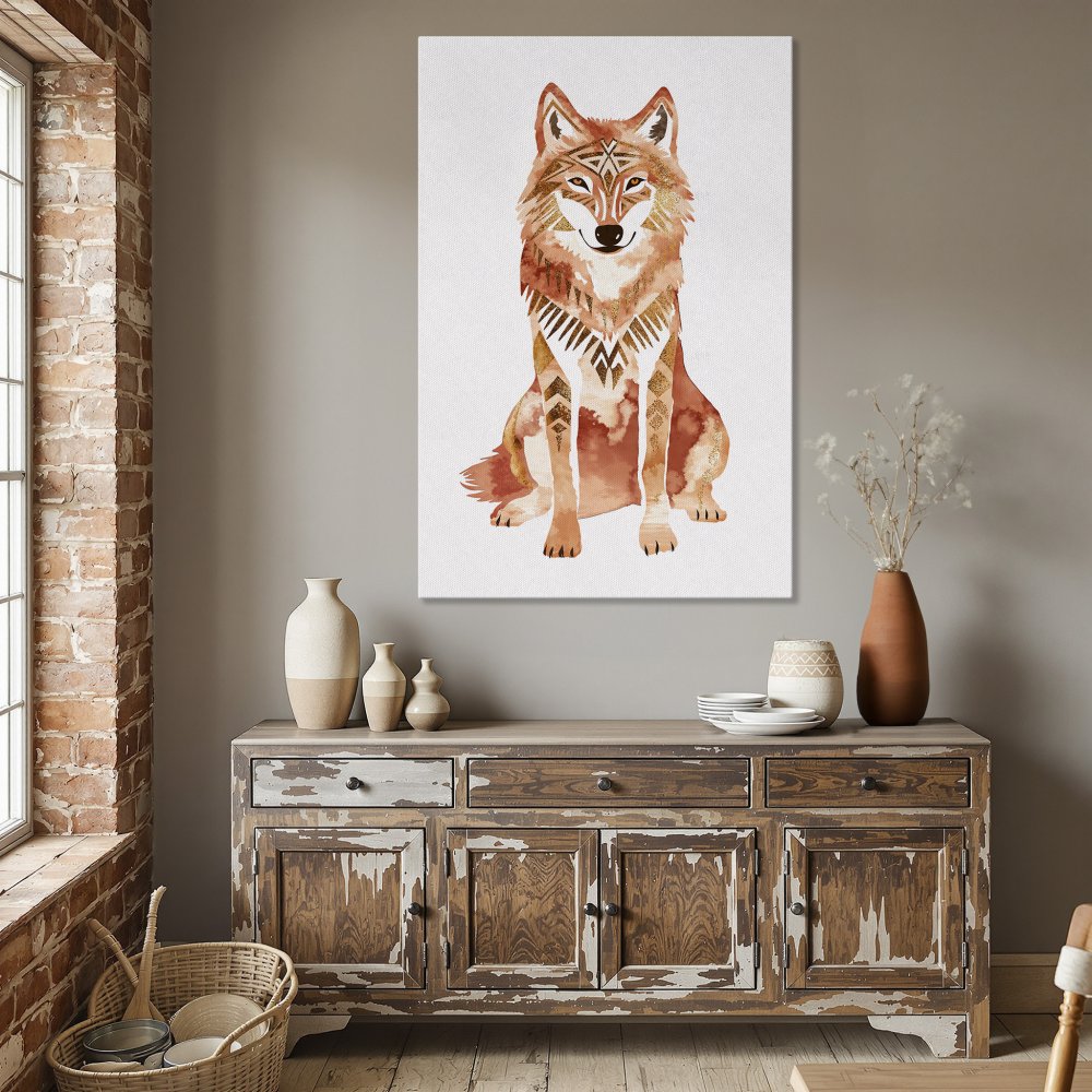 Framed Wall Art: Watercolor wolf print in warm orange and gold tones. Perfect for adding a touch of boho style to your dining room decor.