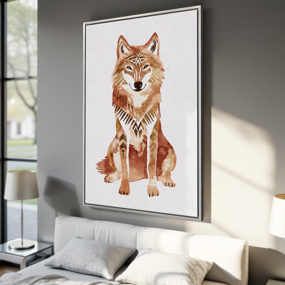 Framed Wall Art featuring a watercolor wolf in warm earth tones. Add a touch of bohemian style to your space with this stunning Canvas Print!