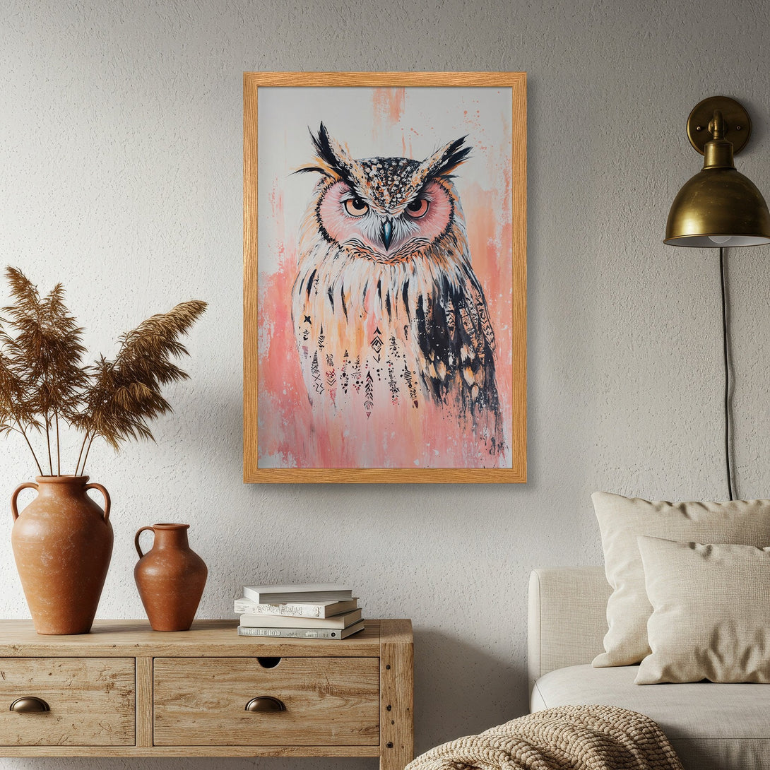 Framed Poster featuring an owl in a modern, artistic style with a warm, pink and neutral color palette. Perfect wall art!
