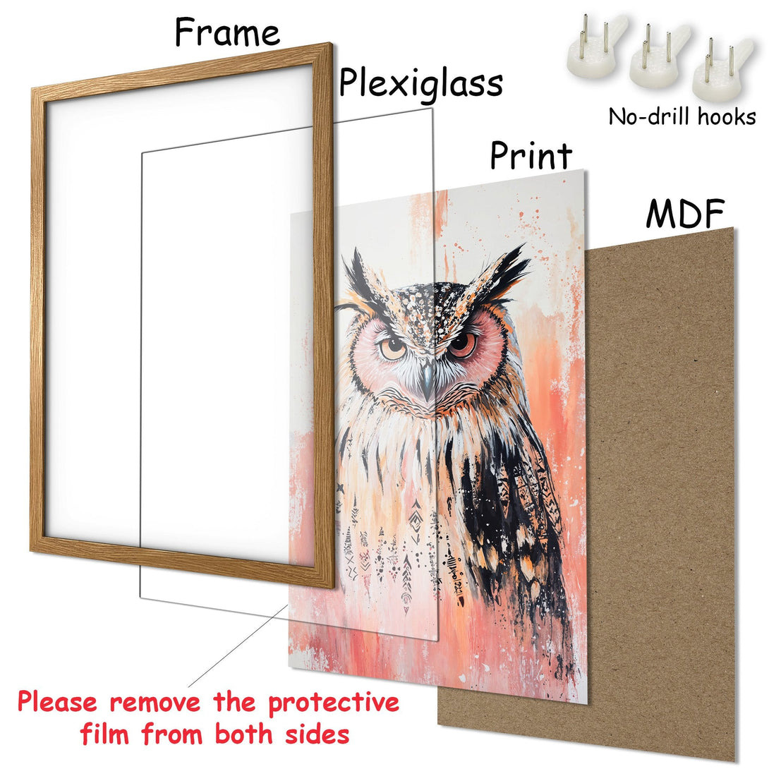 Framed Poster featuring an owl in watercolor style. Warm orange and black color palette. Ready to hang art for your home!