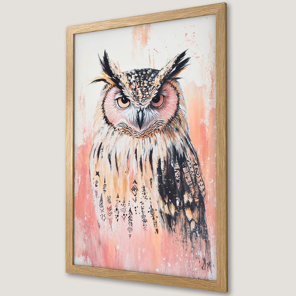 Framed Poster featuring a majestic owl in watercolor style with a warm peach and orange color palette. Add this art print to your home decor!