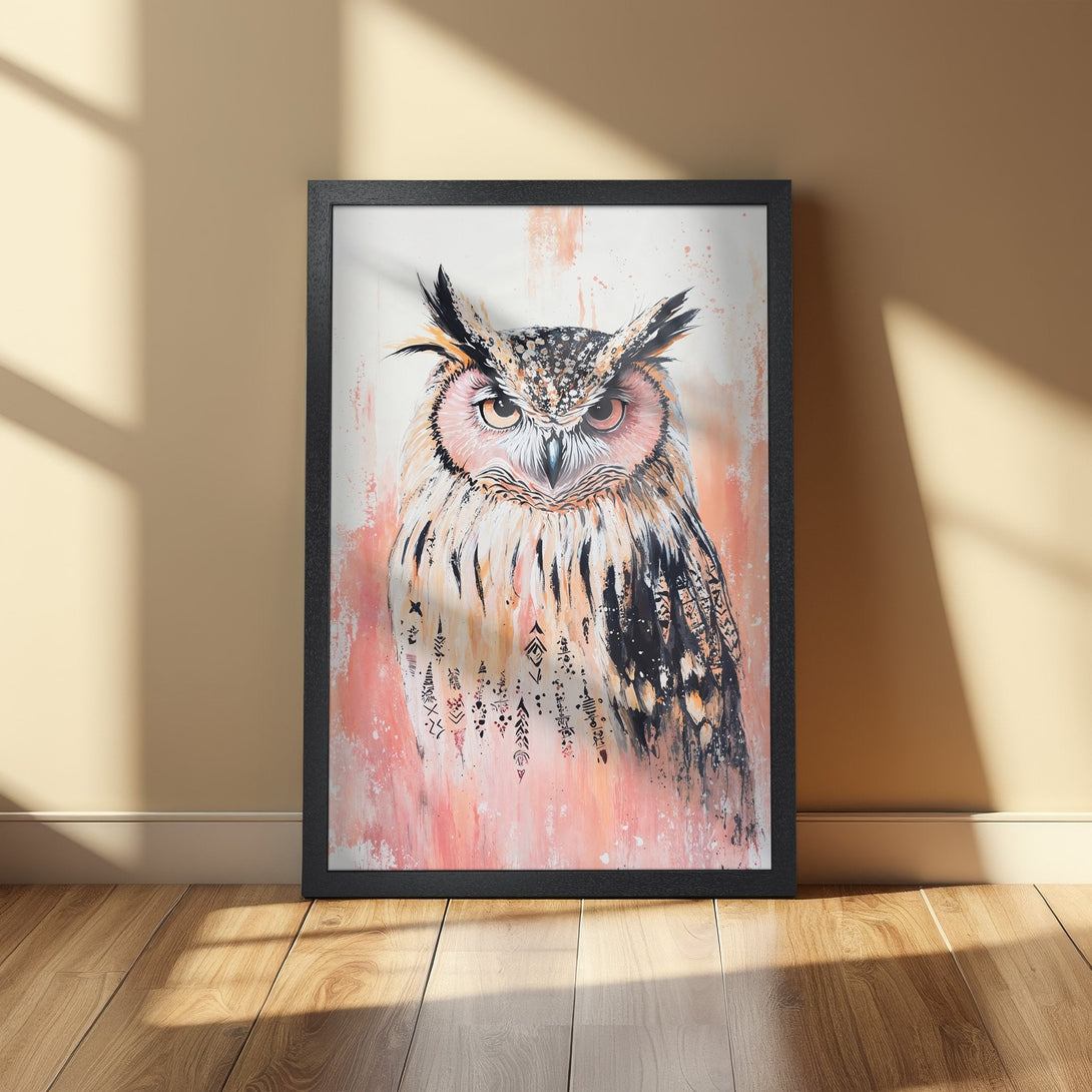 Framed Poster featuring an owl in an abstract style with a pink and neutral color palette. Perfect wall art!
