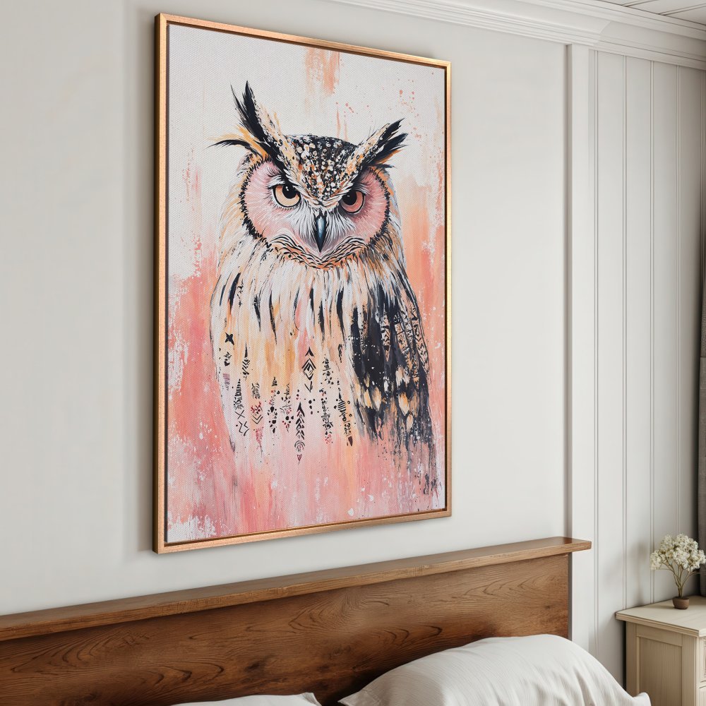 Framed Wall Art: Majestic owl painting in blush and neutral tones. Add a touch of boho style to your home decor.