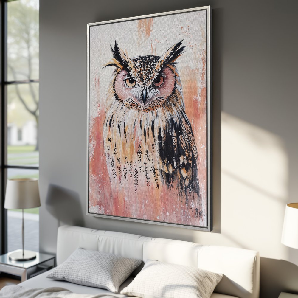 Framed Wall Art: Majestic owl painting in warm earth tones. Add a touch of nature and modern style to your space with this stunning canvas print!