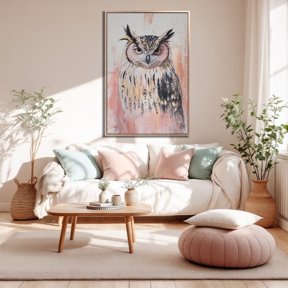 Framed Wall Art: Owl painting in blush and neutral tones. Modern decor for living room, bedroom. Shop canvas prints!