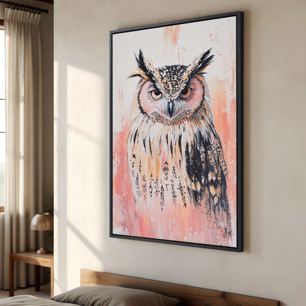 Framed Wall Art: Majestic owl canvas print in warm peach and brown tones. Add a touch of boho style to your home decor!