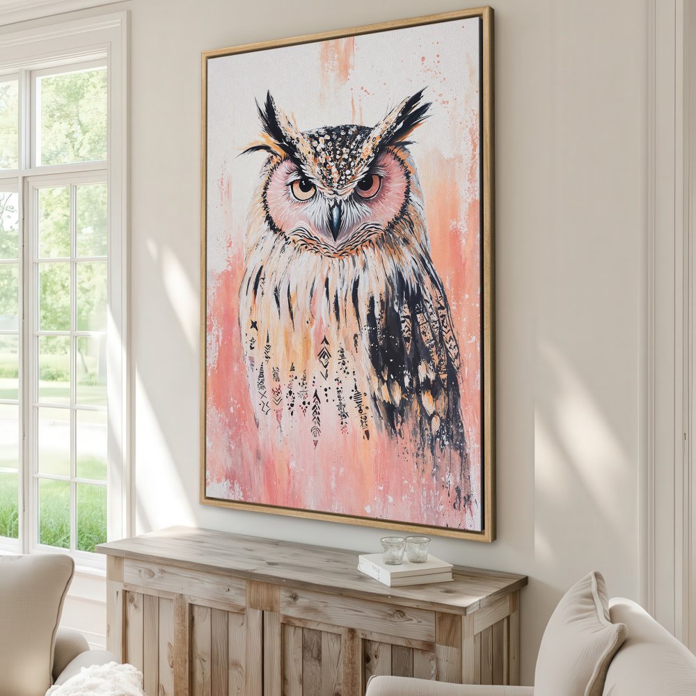 Framed Wall Art: Majestic owl canvas print in a modern, abstract style with a warm peach and neutral color palette. Add art to your home!