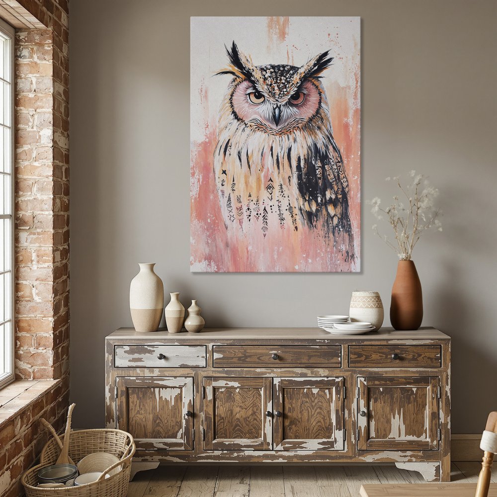 Framed Wall Art: Majestic owl painting in warm peach and brown tones. Perfect for adding a touch of nature-inspired elegance to your dining room.