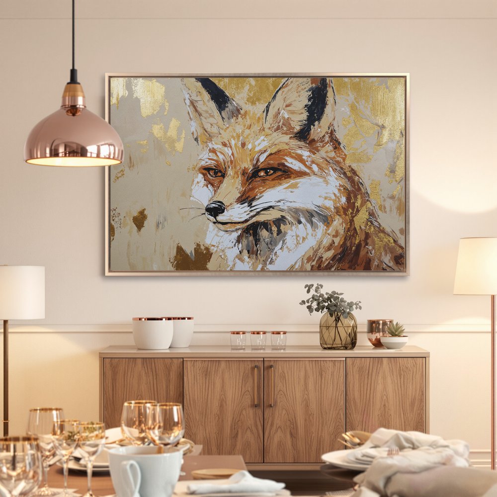 Framed Wall Art: Majestic fox portrait in warm, earthy tones. Modern abstract style with gold accents. Perfect for adding a touch of elegance to your space.
