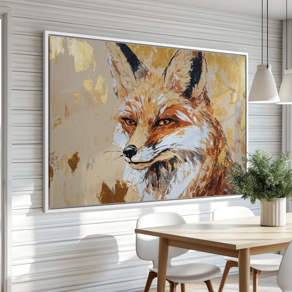 Framed Wall Art: Stunning fox portrait canvas print with warm orange and gold hues. Modern, textured artwork for a stylish interior.