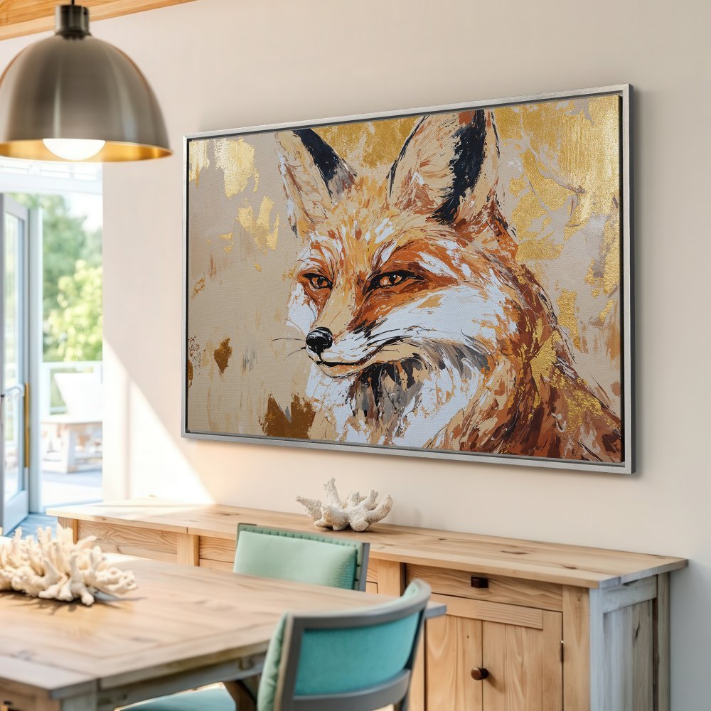 Framed Wall Art: Stunning fox portrait in warm orange, gold, and beige tones. Modern, textured canvas print perfect for any room.
