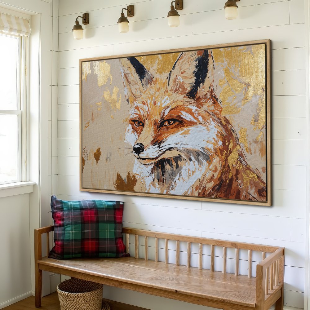 Framed Wall Art: Majestic fox portrait in warm orange, gold, and neutral tones. Elevate your space with this stunning canvas print!