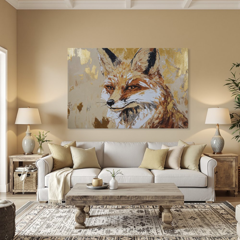 Framed Wall Art: Majestic fox portrait in warm orange and gold tones. Modern abstract style Canvas Print for your home decor.