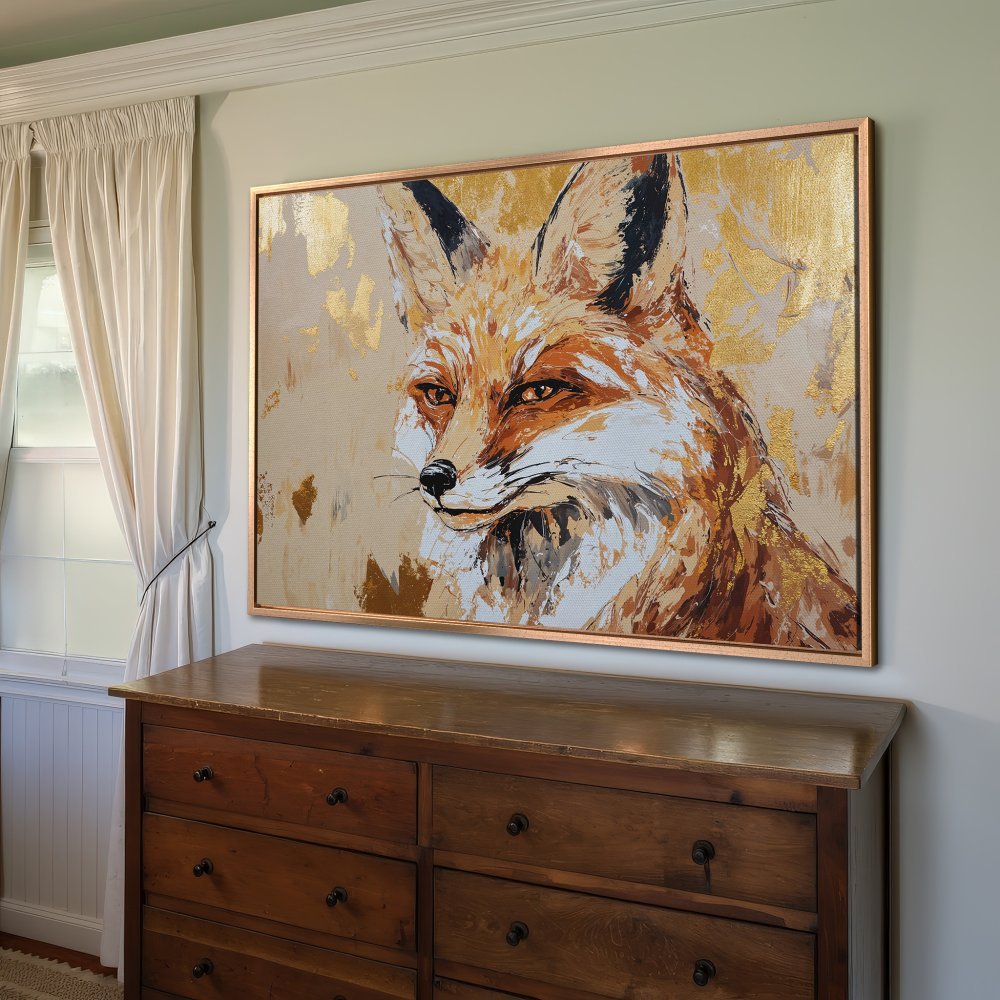 Framed Wall Art: Stunning fox portrait canvas print in warm orange, gold, and neutral tones. Elevate your home decor with this captivating artwork.