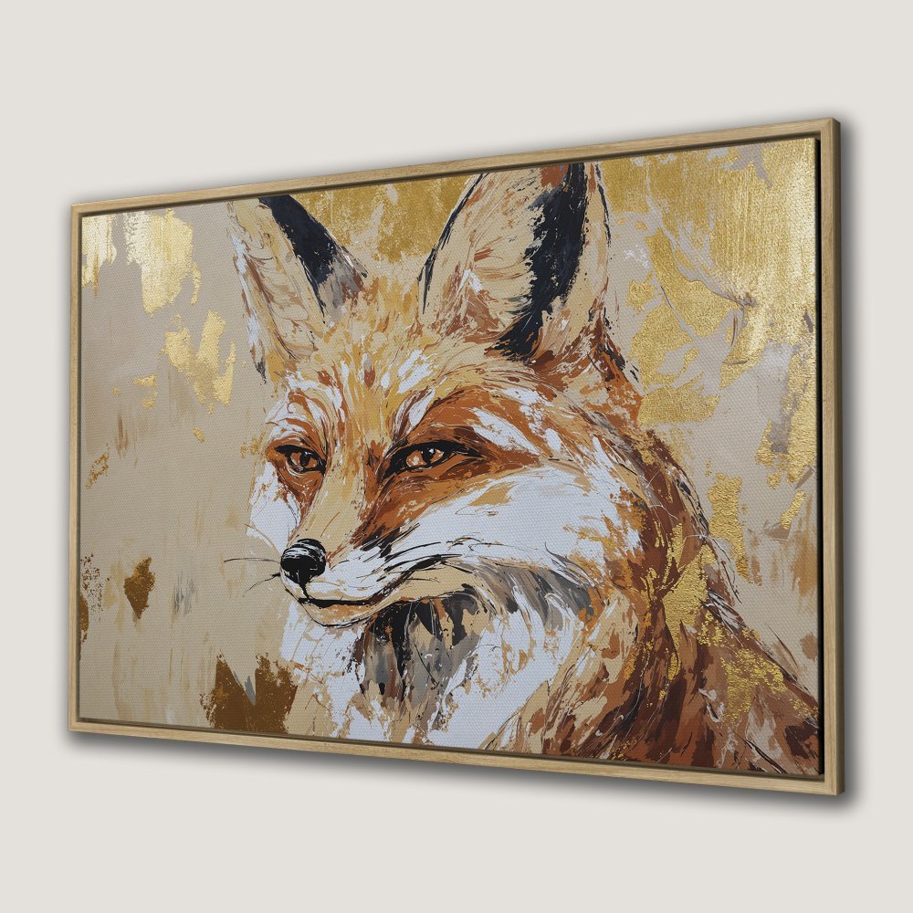Framed Wall Art: Stunning fox portrait in warm earth tones with gold accents. Modern, textured canvas print perfect for any space.