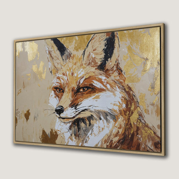 Framed Wall Art: Stunning fox portrait in warm earth tones with gold accents. Modern, textured canvas print perfect for any space.