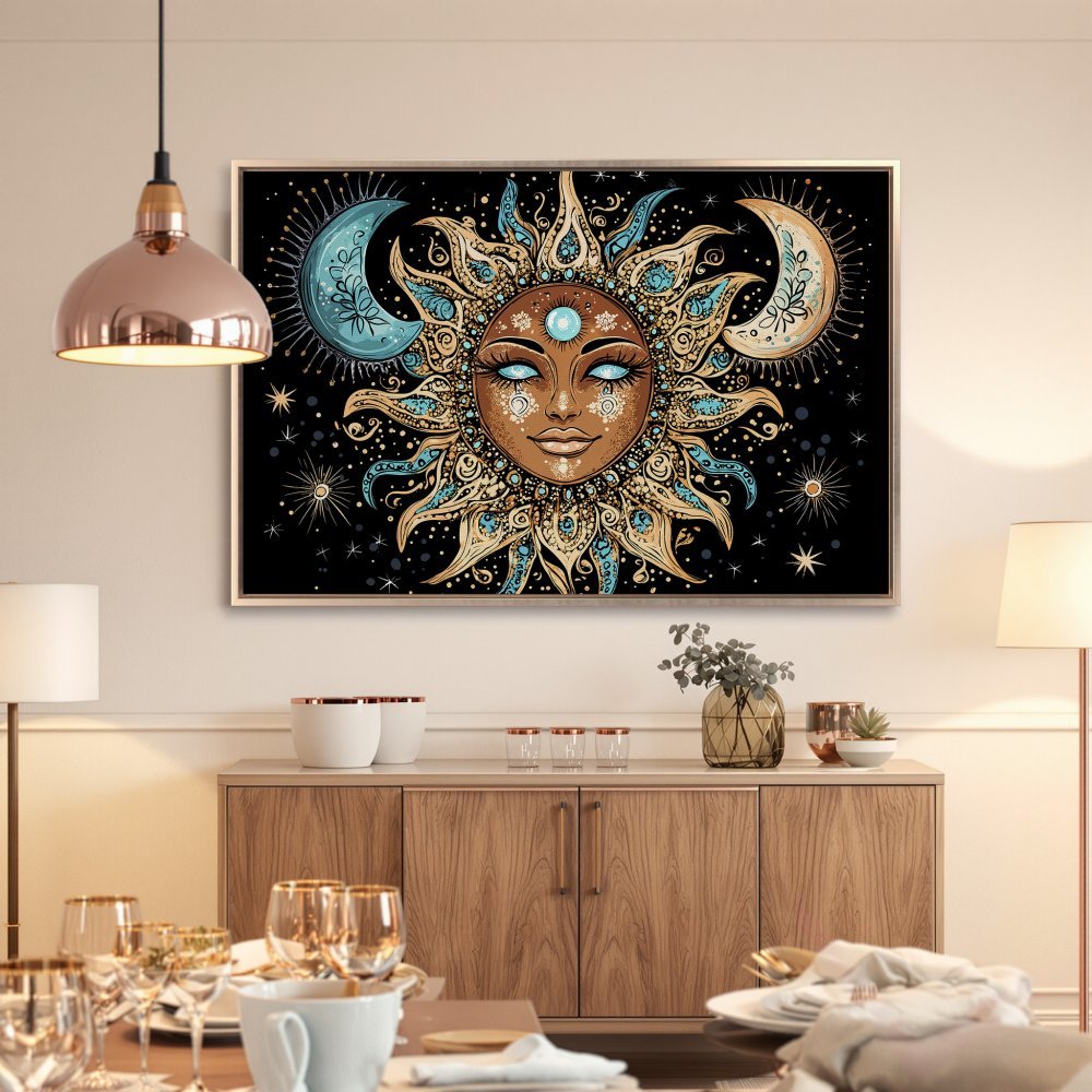 Framed Wall Art: Mystical sun & moon canvas print in teal, gold, and black. Boho style art for home decor. Elevate your space with celestial beauty!