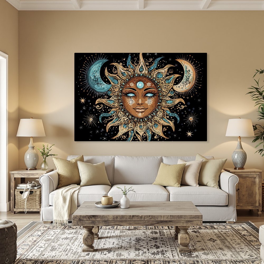 Framed Wall Art: Celestial sun and moon design in teal, gold, and black. Boho style canvas print adds mystical charm to any space.