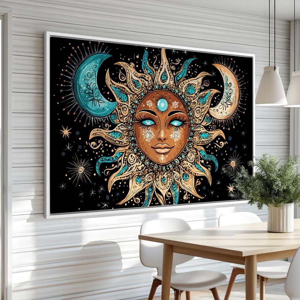 Framed Wall Art: Boho sun and moon art print in teal, gold, and black. Add celestial vibes to your home decor with this stunning canvas print.