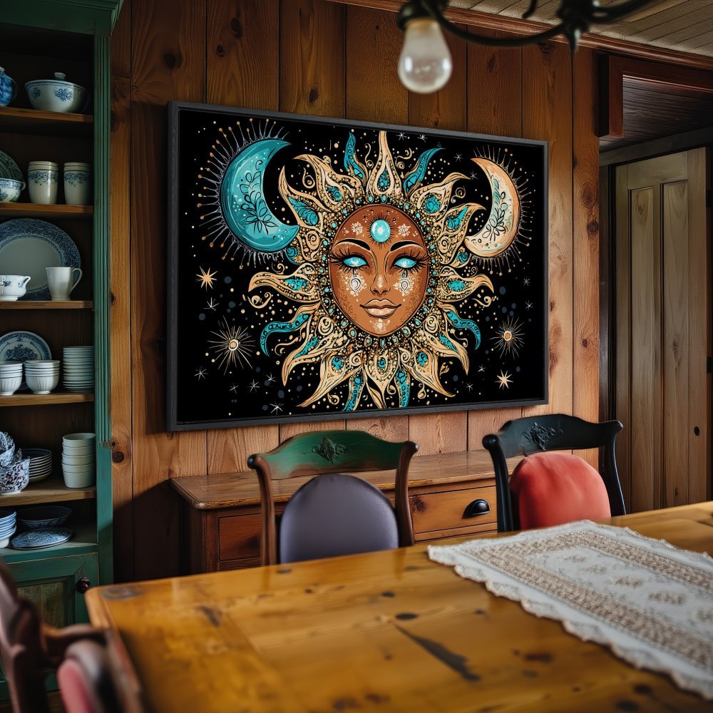 Framed Wall Art: Bohemian sun and moon design in teal, gold, and black. Add a touch of celestial magic to your space!