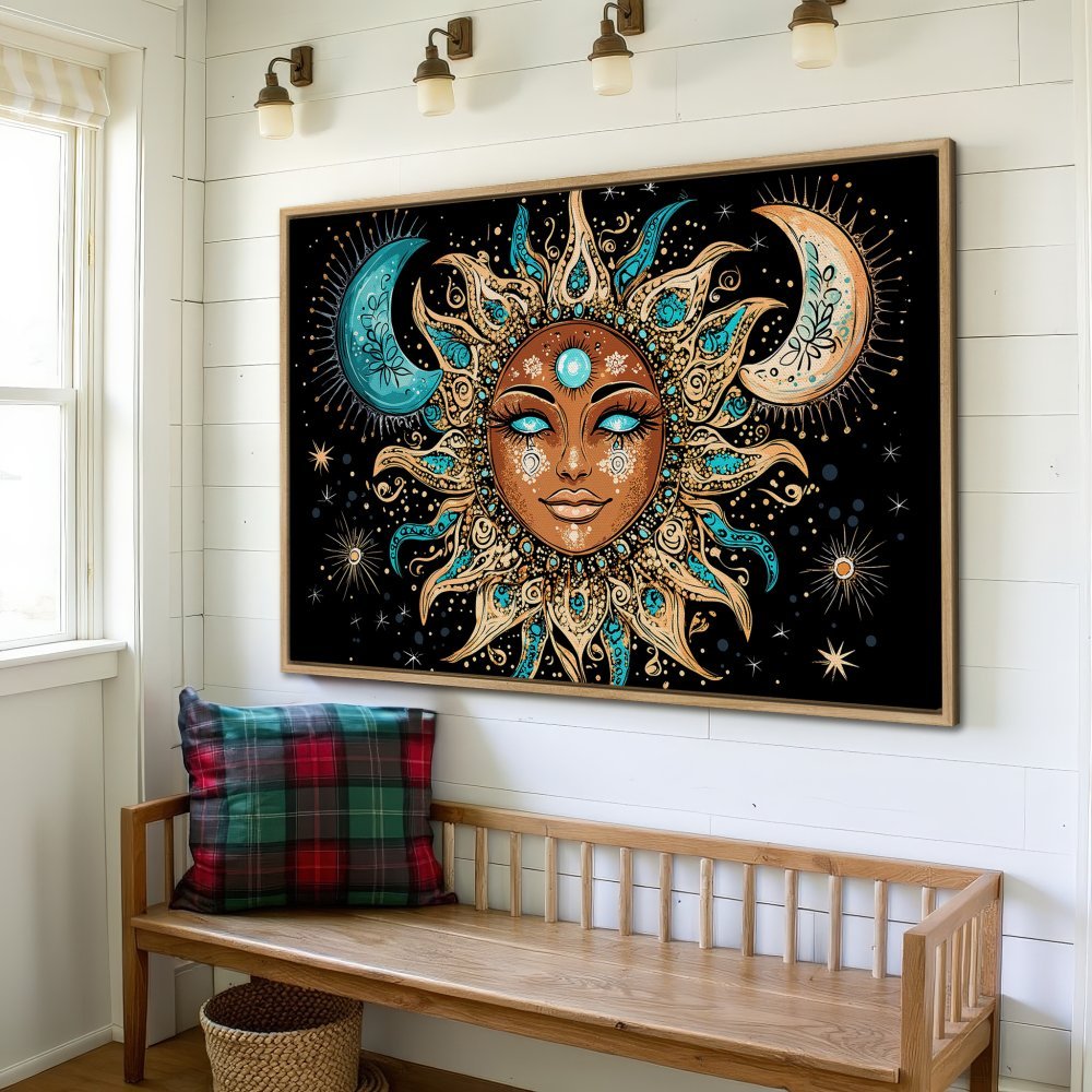 Framed Wall Art: Bohemian sun and moon art print in teal, gold, and black. Perfect for adding a touch of celestial style to your home decor.