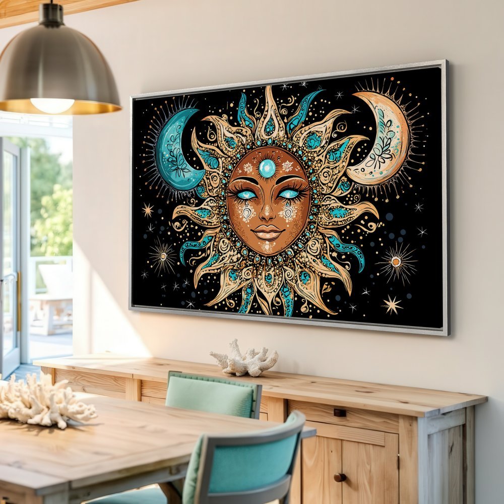 Framed Wall Art: Celestial sun and moon art in teal, gold, and black. Boho style canvas print adds a mystical touch to any room.