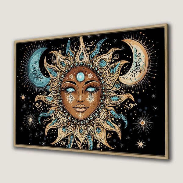 Framed Wall Art: Boho sun and moon art print in teal, gold, and black. Enhance your space with this celestial Canvas Print!