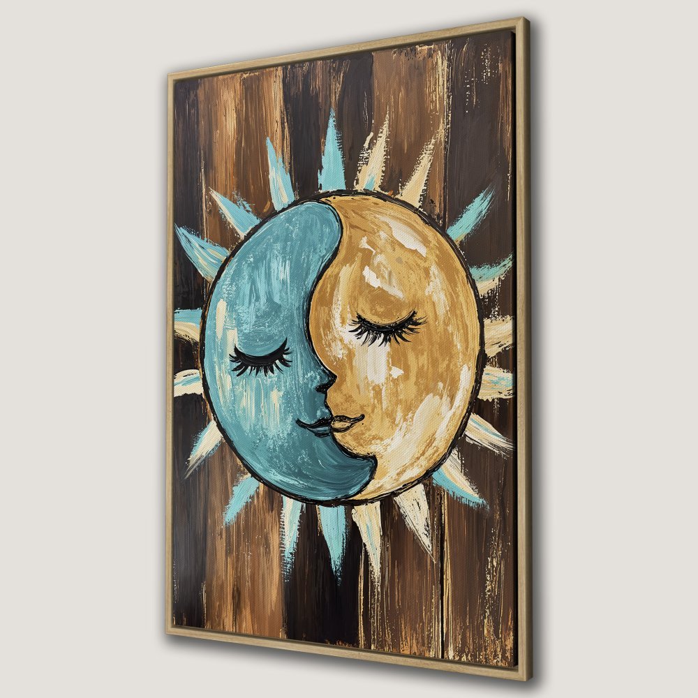 Framed Wall Art: Whimsical sun and moon painting in teal, gold, and brown. Boho style canvas print for a unique home decor statement.