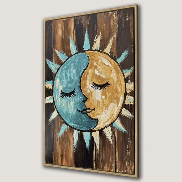 Framed Wall Art: Whimsical sun and moon painting in teal, gold, and brown. Boho style canvas print for a unique home decor statement.