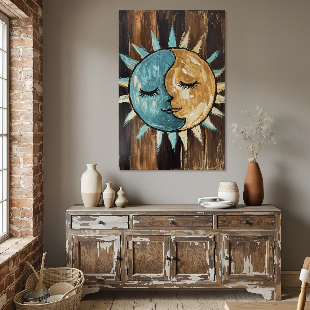 Framed Wall Art: Whimsical sun and moon painting in teal, gold, and brown. Rustic style canvas print adds warmth to dining room decor.