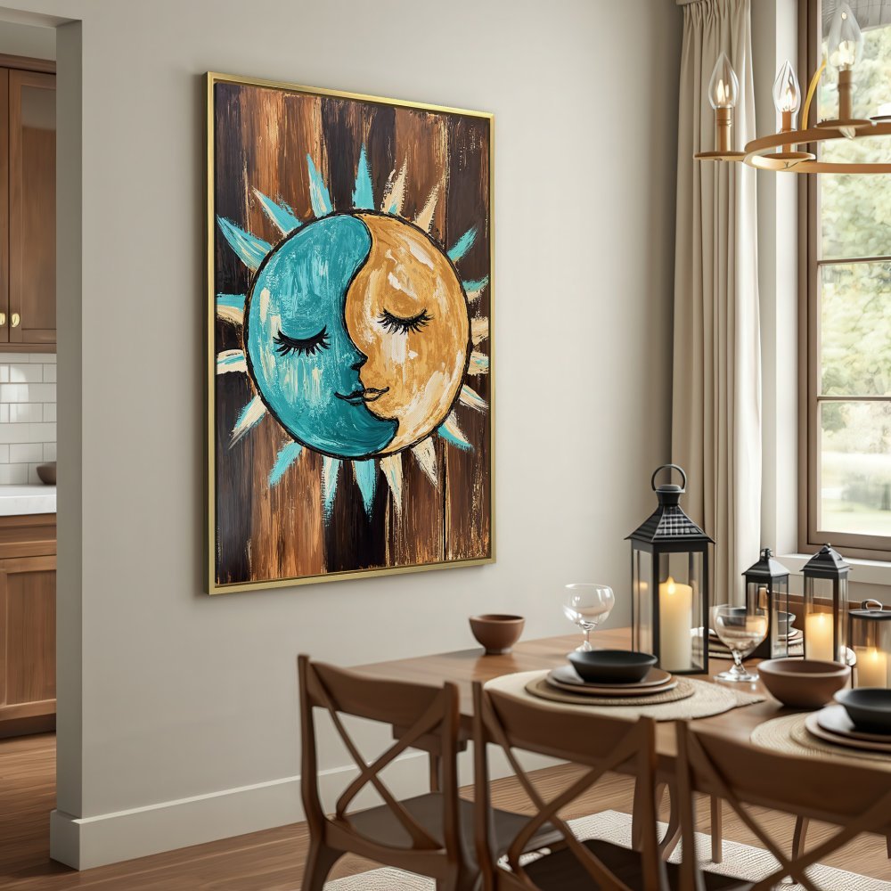 Canvas Print: Bohemian sun and moon art in teal and gold, adding a touch of warmth and style to any space.