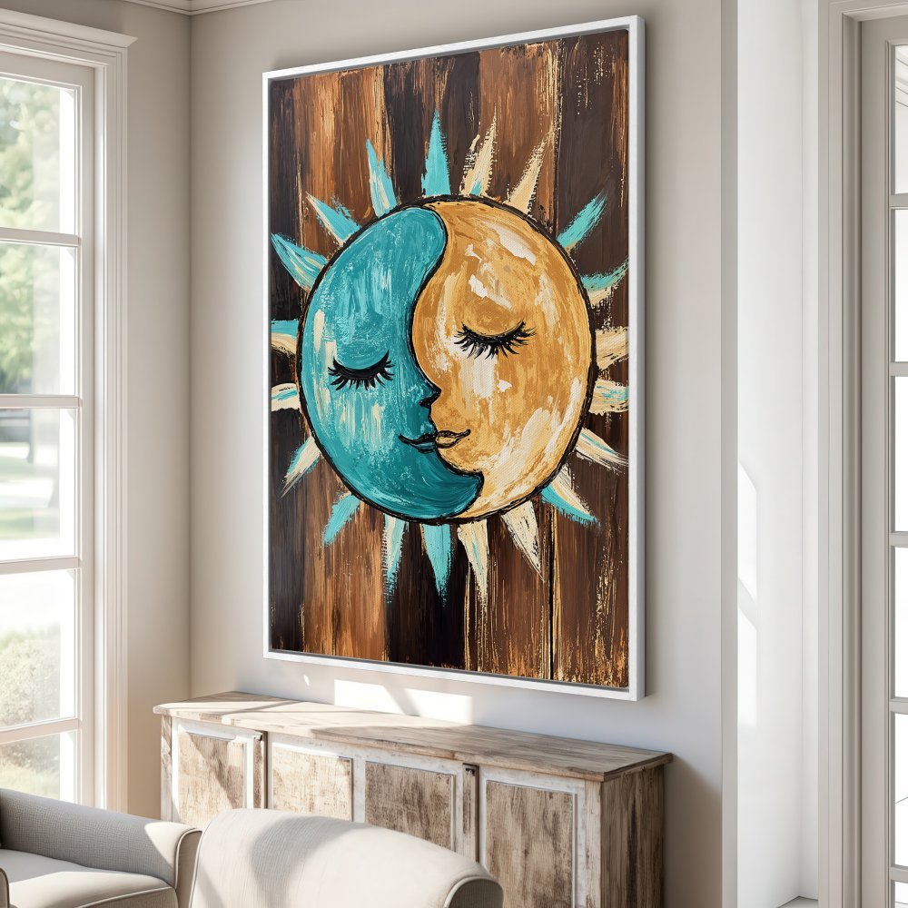 Framed Wall Art featuring a whimsical sun and moon design in teal and gold hues. Rustic style Canvas Print adds warmth to any room.