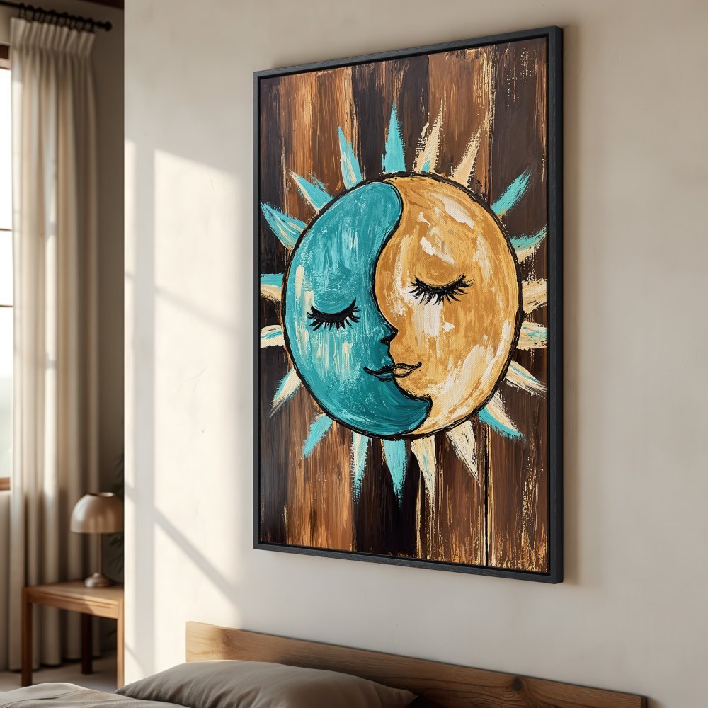 Framed Wall Art: Celestial sun and moon art in teal and gold. Rustic style canvas print adds warmth and personality to any space.